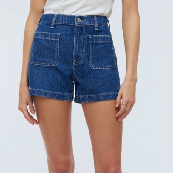 Old Navy Pants - Old Navy Patch Pocket Denim Mid Rise Shorts Medium Wash Slight Distressed Size 8